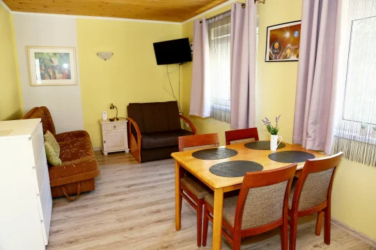 Słoneczny salon w domku z drewnianym sufitem i jasną podłogą: stół z krzesłami, brązowa kanapa, fotel i telewizor.