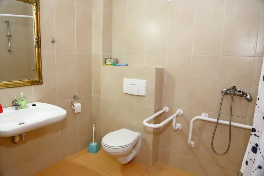 Łazienka bez barier z beżowymi kafelkami, wiszącą toaletą, uchwytami przy sedesie i prysznicem walk-in za kurtyną.