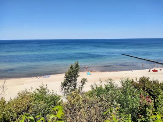 Widok z klifu w Rewalu na piaszczystą plażę i spokojne morze, z drewnianą ostrogą po prawej i roślinnością z przodu.